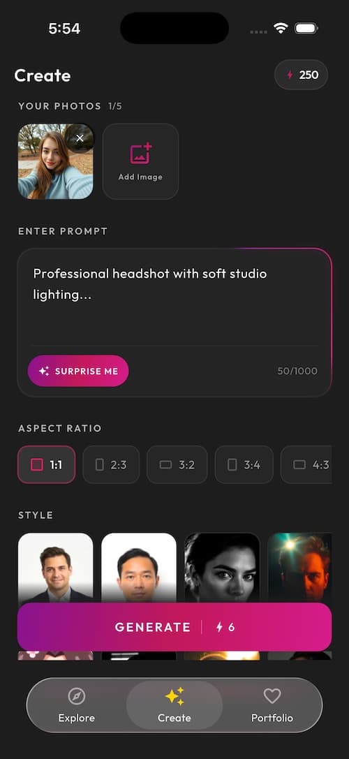 SelfAI app screenshot — style selection